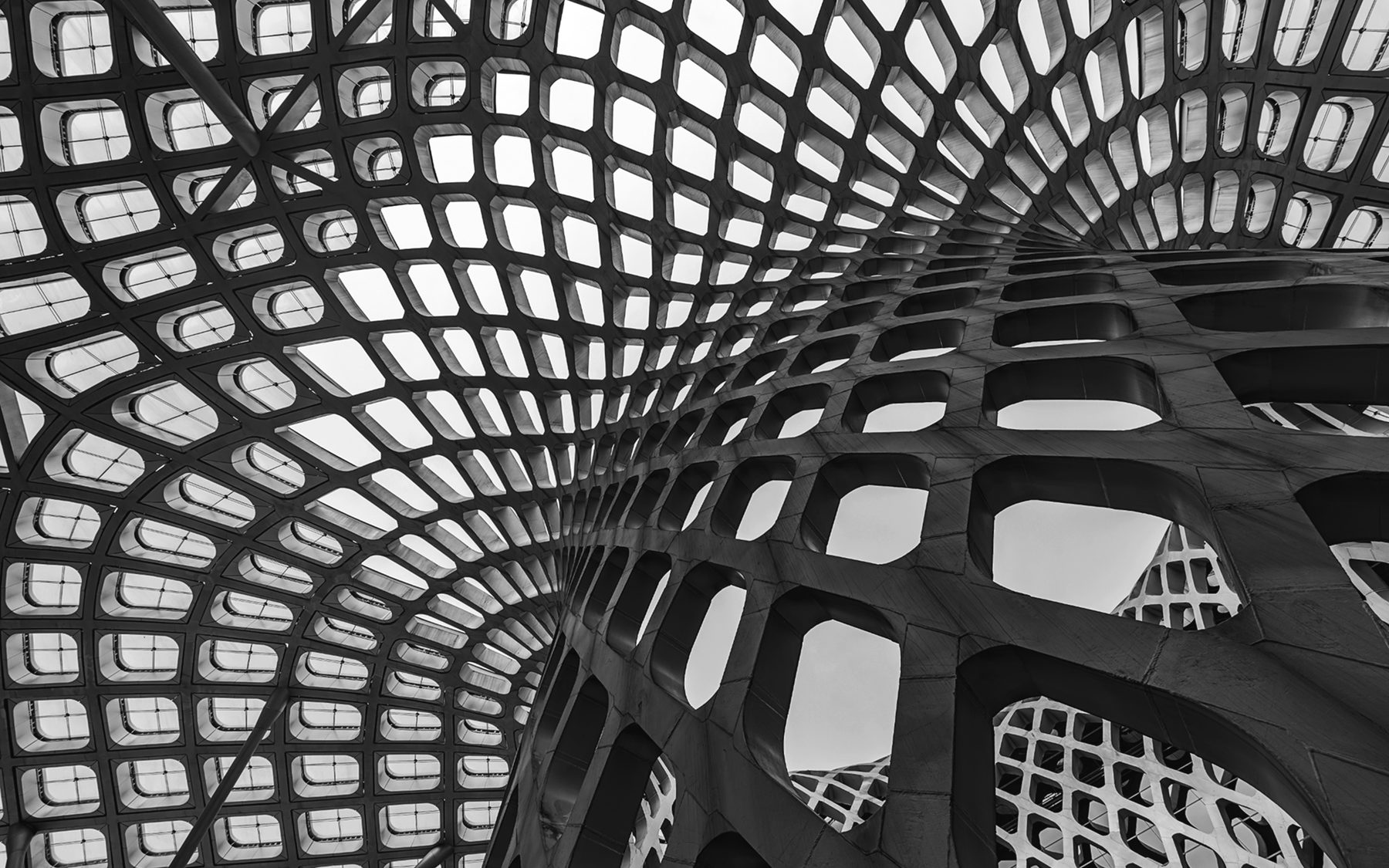 A lattice of concrete openings on a curved facade