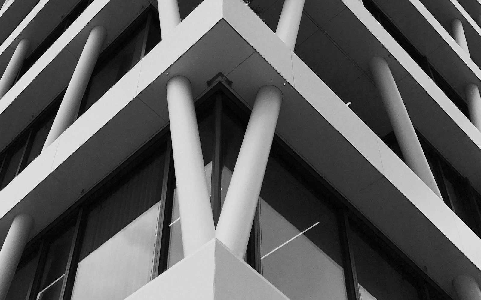 A white steel structure seen from below