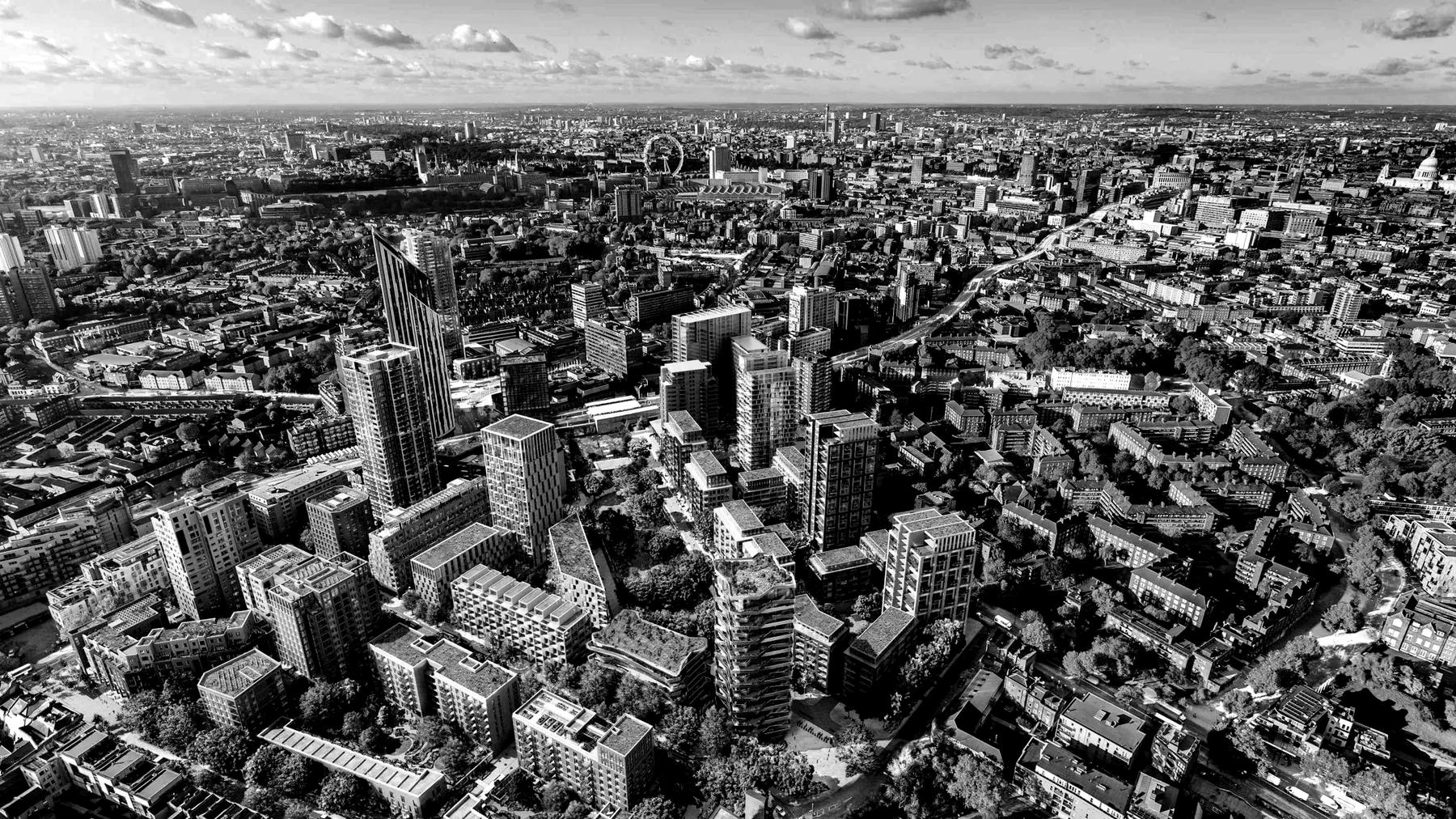 Aerial view of London's towers and streets