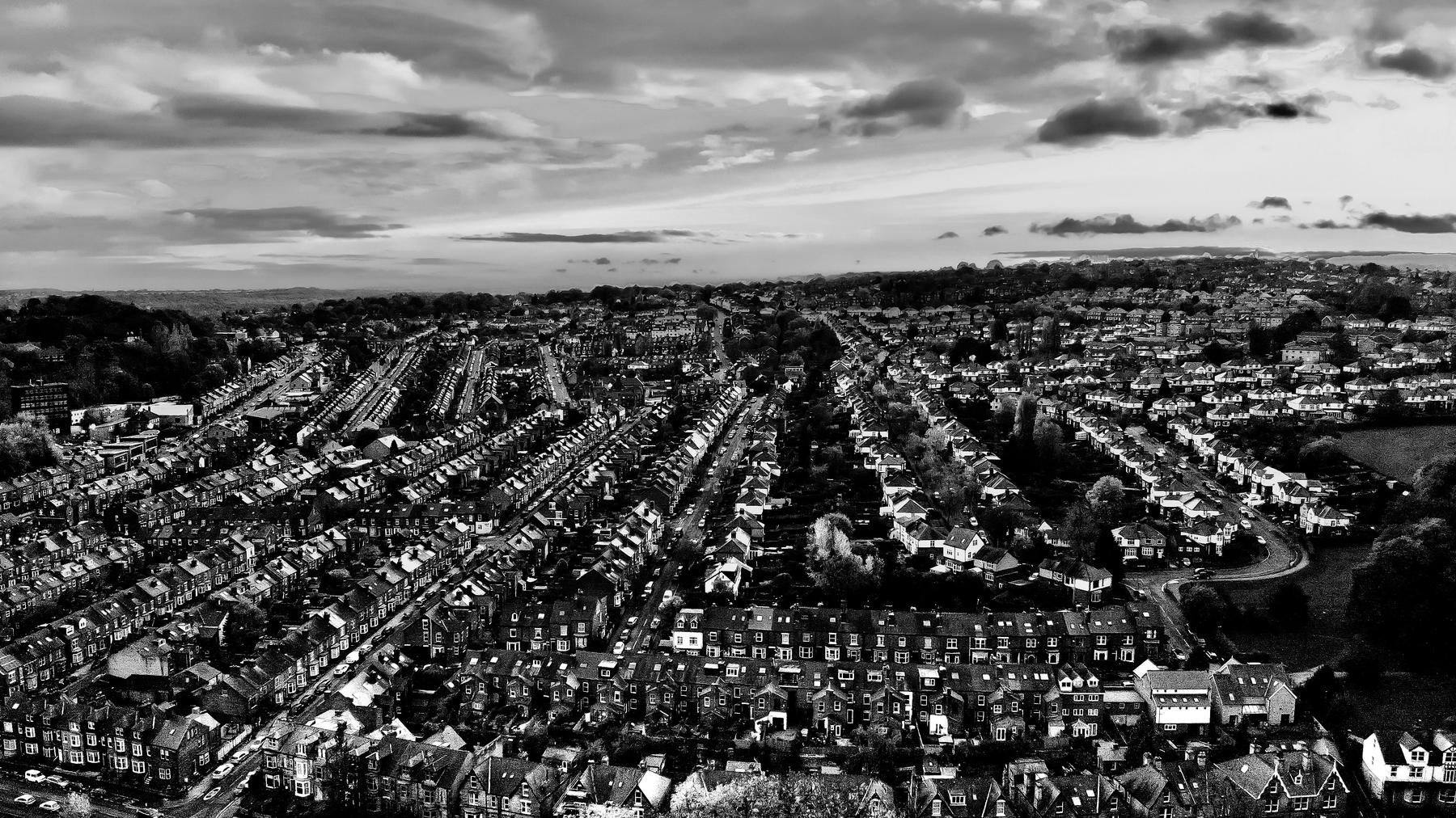 Aerial view of terraced streets at dusk