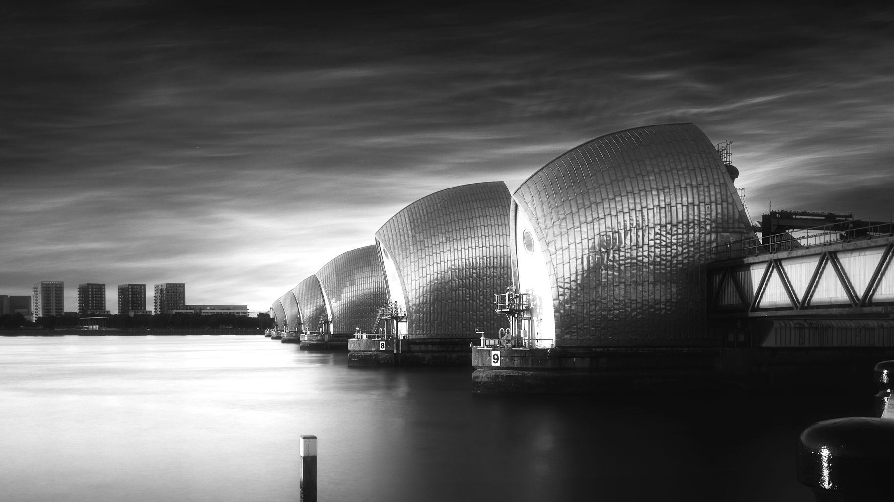 The Thames Barrier's steel gates on the river in London